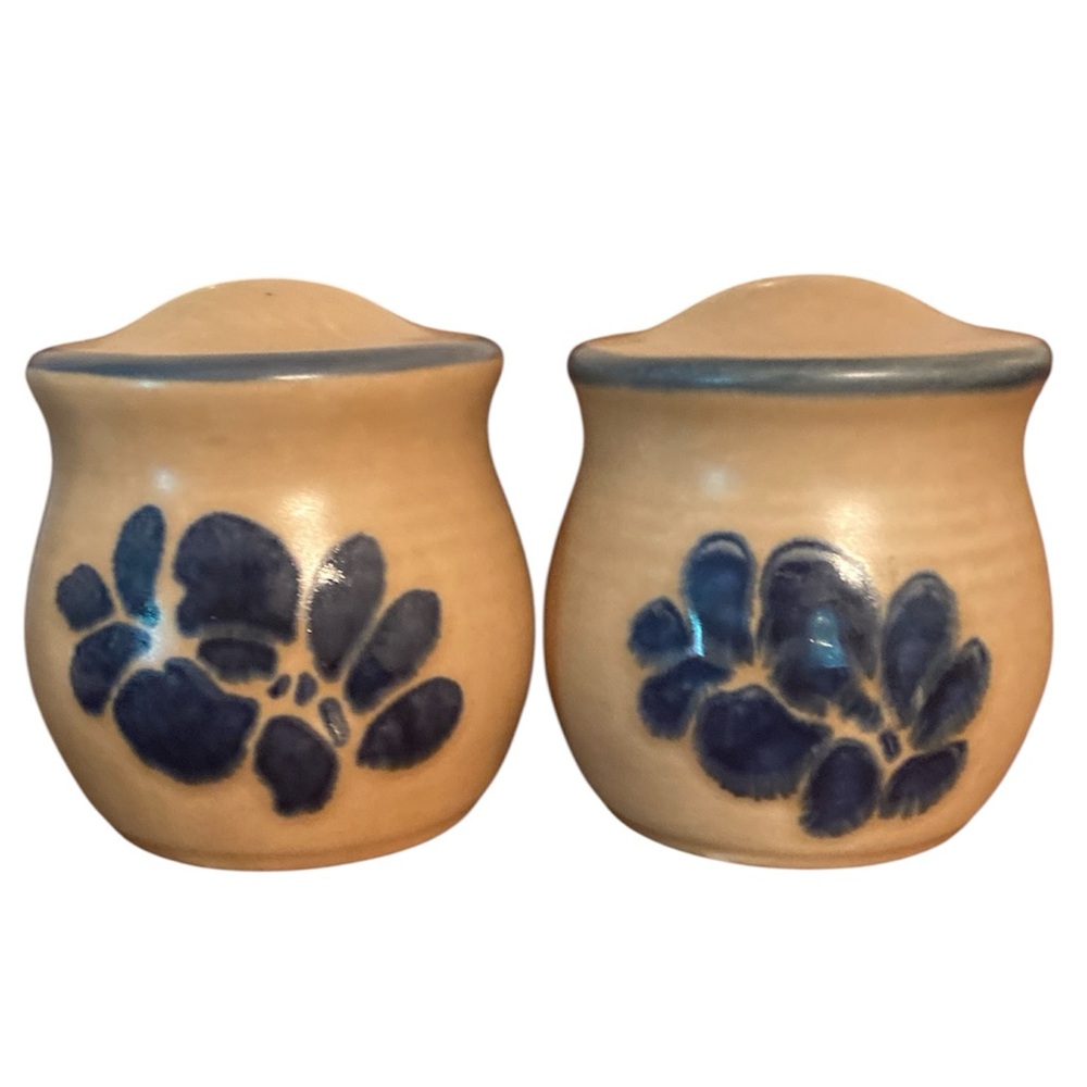 Vintage Pfaltzgraff Salt Pepper Set Folk Art Pattern Beige Brown Blue Design